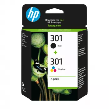 HP 301 pack de 2 cartuchos de tinta originais preto/tricolor, preto, ciano, magenta, amarelo, tinta pigmentada, 2 unidades, 170 páginas