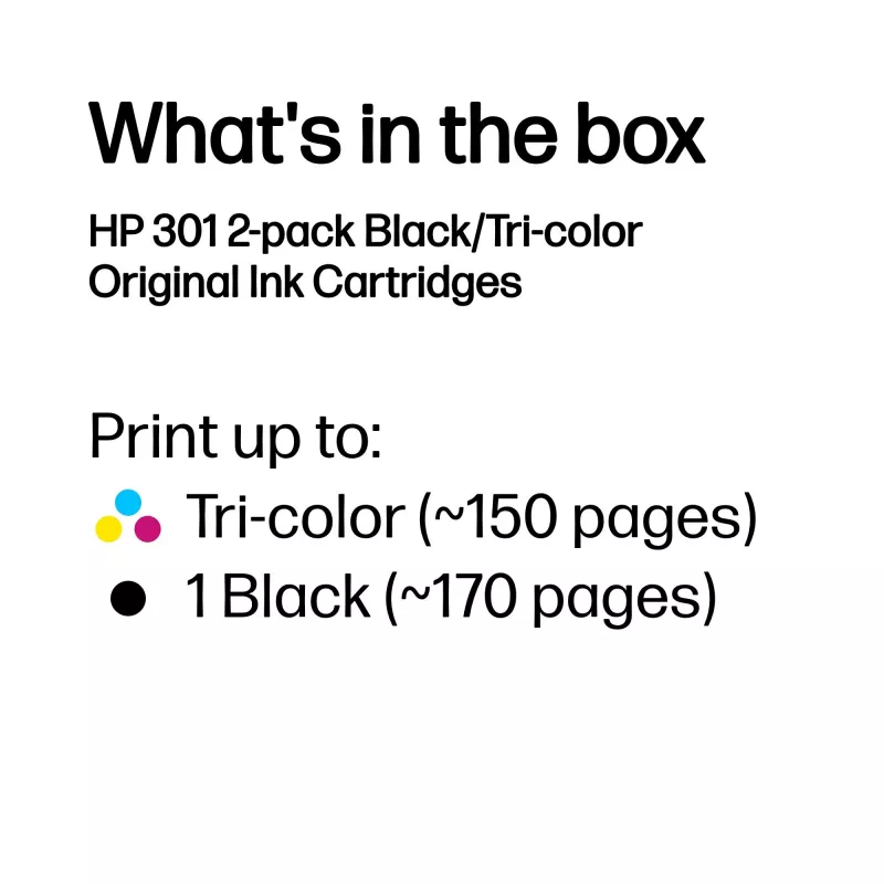 HP 301 pack de 2 cartuchos de tinta originais preto/tricolor, preto, ciano, magenta, amarelo, tinta pigmentada, 2 unidades, 170 páginas