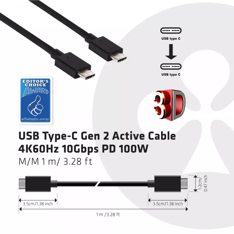 CLUB3D USB Gen2 tipo C Vídeo 4K60Hz, dados 10Gbit/s e carregamento 100W 1 metro M/F