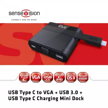 CLUB3D USB Type C para VGA + USB 3.0 + USB Type C Carregamento Mini Dock