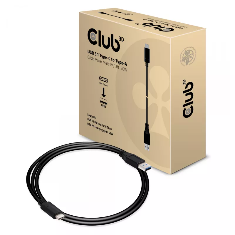 Club 3D CAC-1523 cabo de USB-C para USB-A, USB 3.1 Gen 2, 10 Gbps, PD 60 W, macho/macho, 1 m, preto