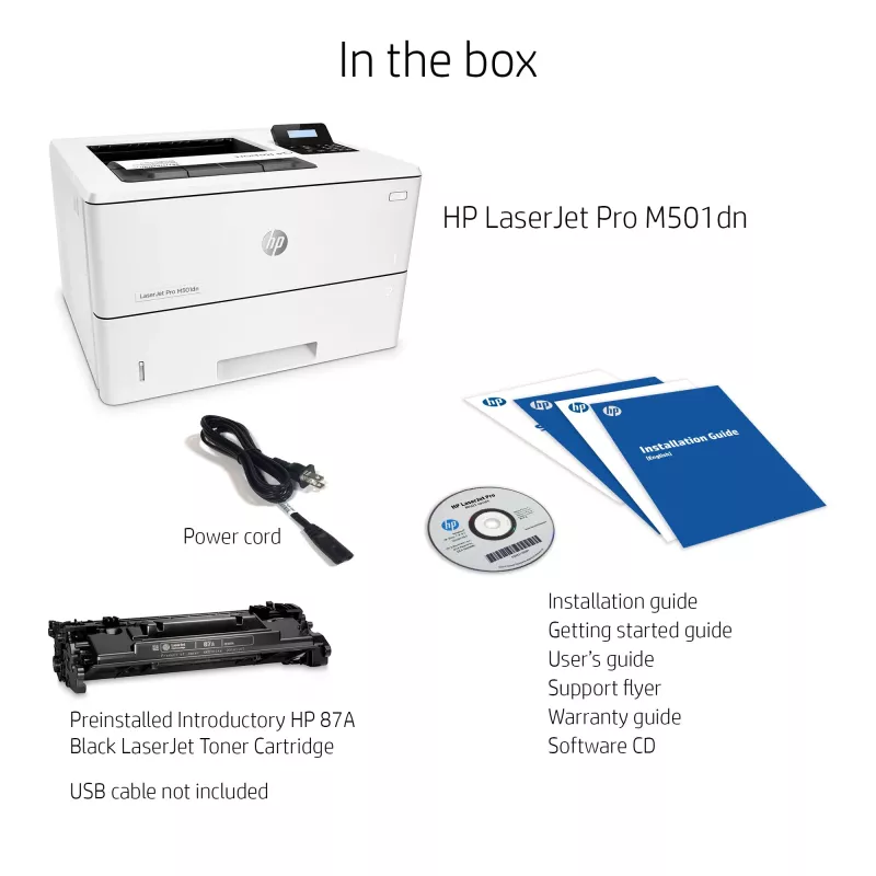 HP LaserJet Pro M501dn, Laser, 600 x 600 DPI, A4, 43 ppm, impressão frente e verso, preparada para rede