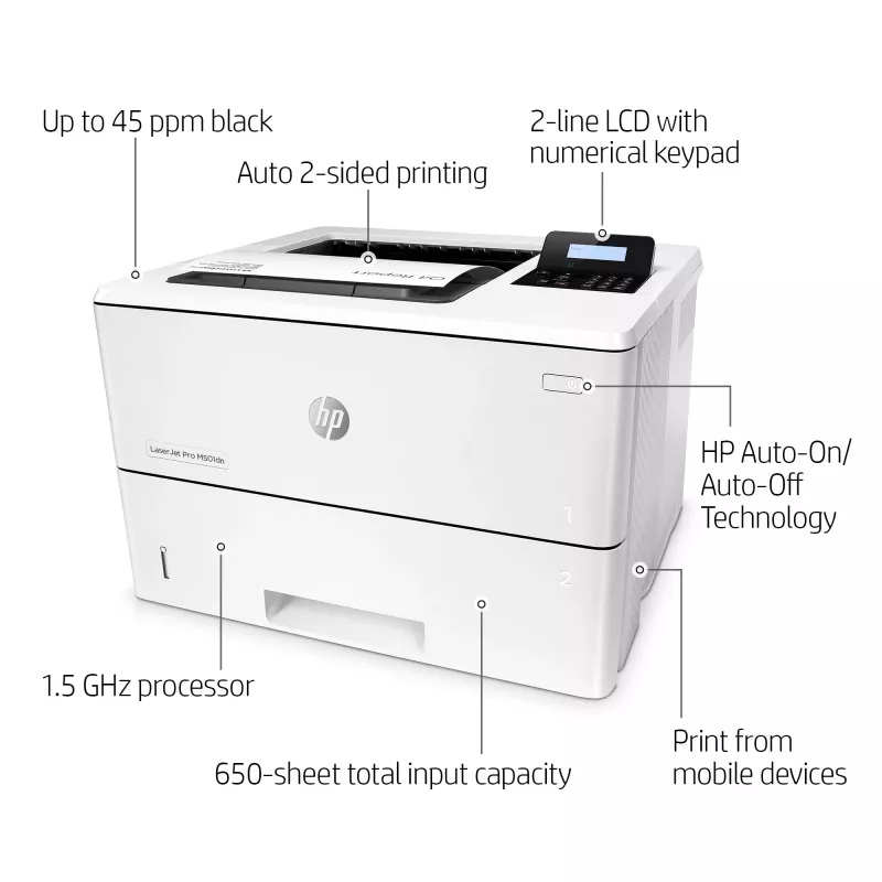 HP LaserJet Pro M501dn, Laser, 600 x 600 DPI, A4, 43 ppm, impressão frente e verso, preparada para rede