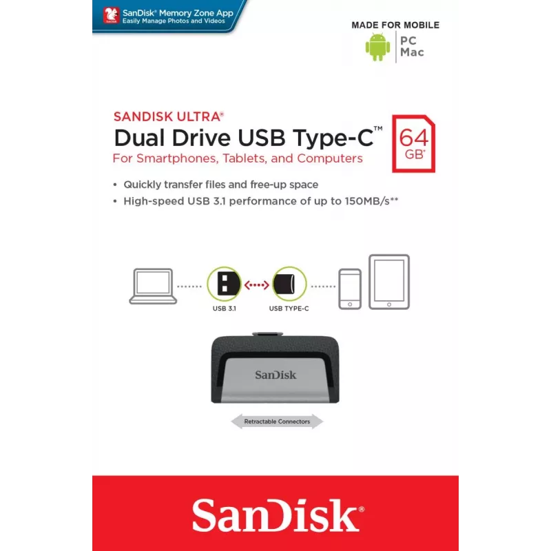 Pen USB SanDisk 64GB USB Type-A USB Type-C Ultra Dual Drive