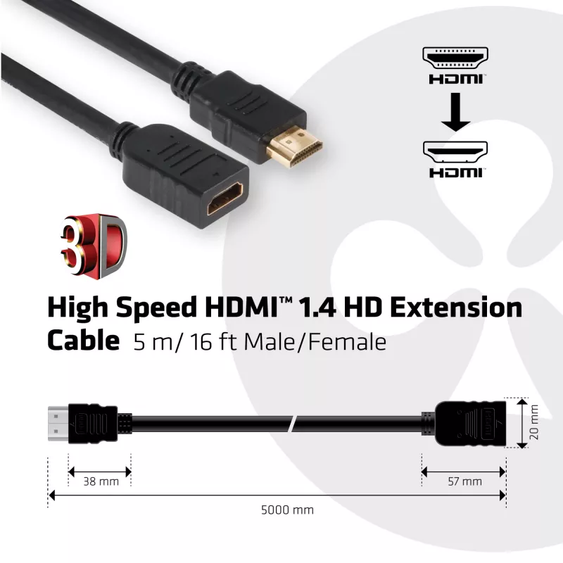 CLUB3D Cabo de extensão HDMI™ 1.4 HD High Speed 5m/16ft macho/fêmea