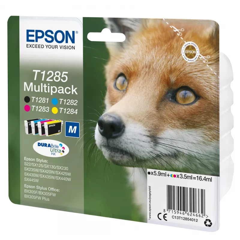 Epson Fox Multipack 4 cores T1285 DURABrite Ultra tinta, preto, ciano, magenta, amarelo, 5,9 ml, 3,5 ml, 1 unid., multipack