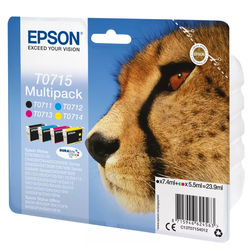 Epson Multipack 4 cores T0715 DURABrite Ultra tinta, rendimento standard, preto, ciano, magenta, amarelo, 7.4 ml, 5.5 ml, 1 unid., multipack