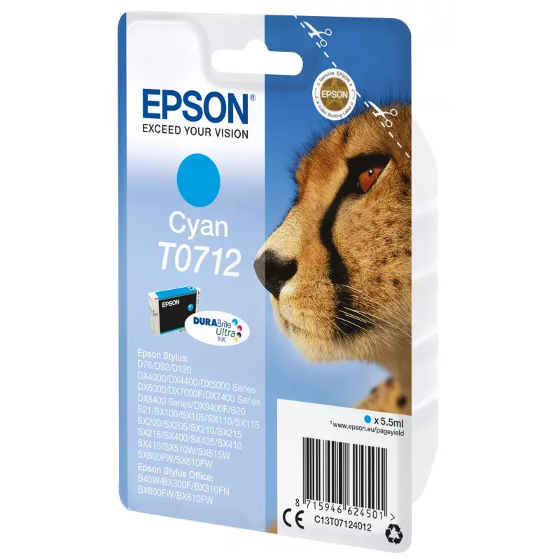 Epson pack individual ciano T0712 DURABrite Ultra tinta, autonomia padrão, ciano, 5,5 ml, 1 unid.