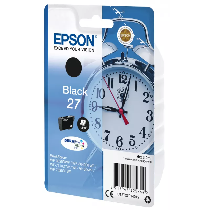 Epson Alarm clock pack individual preto 27 DURABrite Ultra tinta, capacidade padrão, preto, tinta pigmentada, 6,2 ml, 1 unid., 350 páginas