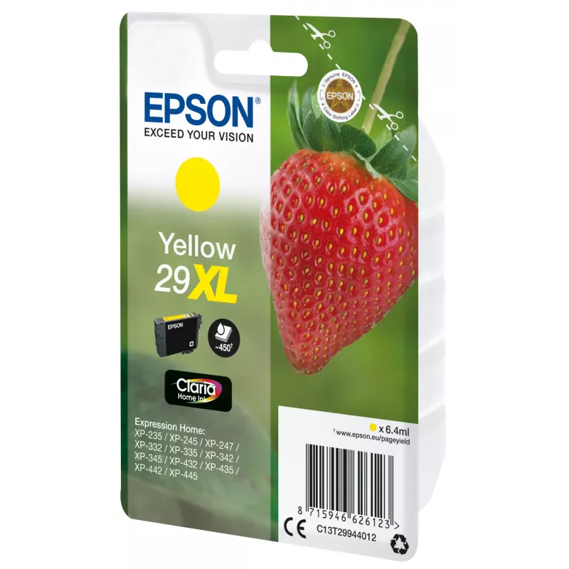 Epson Strawberry pack individual amarelo 29XL Claria Home tinta, autonomia alta (XL), amarelo, tinta pigmentada, 6,4 ml, 1 unid., 450 páginas