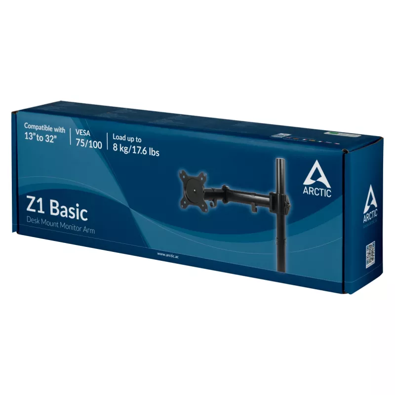 ARCTIC Z1 Basic - braço de monitor para secretária, fixação por grampo, 8 kg, 33 cm (13 polegadas), 81,3 cm (32 polegadas), 100 x 100 mm, preto
