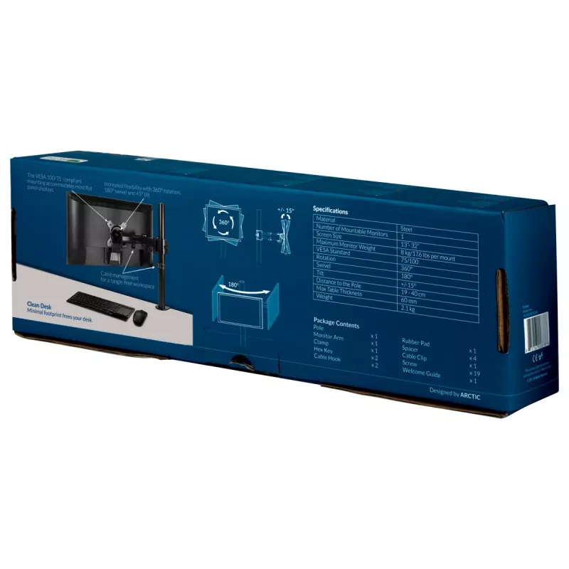 ARCTIC Z1 Basic - braço de monitor para secretária, fixação por grampo, 8 kg, 33 cm (13 polegadas), 81,3 cm (32 polegadas), 100 x 100 mm, preto