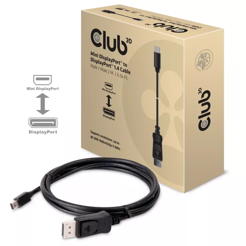 Club 3D CAC-1115 cabo de Mini DisplayPort 1.4 para DisplayPort 1.4, HBR3, 8K60Hz, 2 m, preto