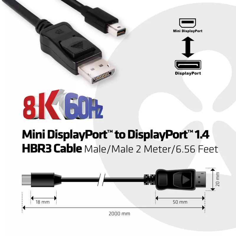 Club 3D CAC-1115 cabo de Mini DisplayPort 1.4 para DisplayPort 1.4, HBR3, 8K60Hz, 2 m, preto
