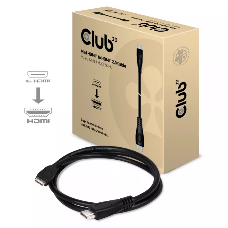 Club 3D CAC-1350 cabo de Mini HDMI para HDMI 2.0, 4K60Hz, macho/macho, 1 m, preto