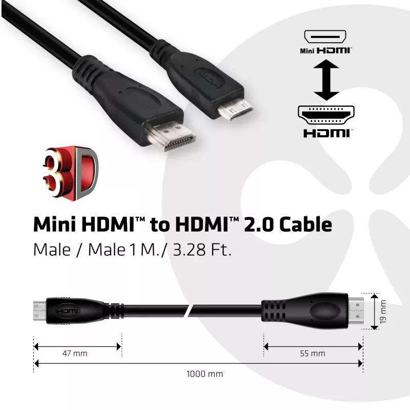 Club 3D CAC-1350 cabo de Mini HDMI para HDMI 2.0, 4K60Hz, macho/macho, 1 m, preto