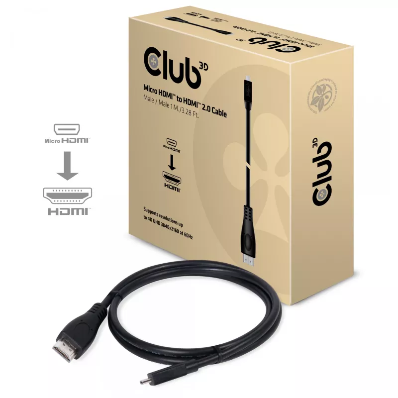 Club 3D CAC-1351 cabo de Micro HDMI para HDMI 2.0, 4K60Hz, macho/macho, 1 m, preto