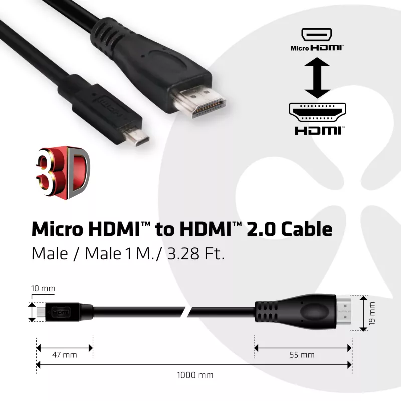 Club 3D CAC-1351 cabo de Micro HDMI para HDMI 2.0, 4K60Hz, macho/macho, 1 m, preto