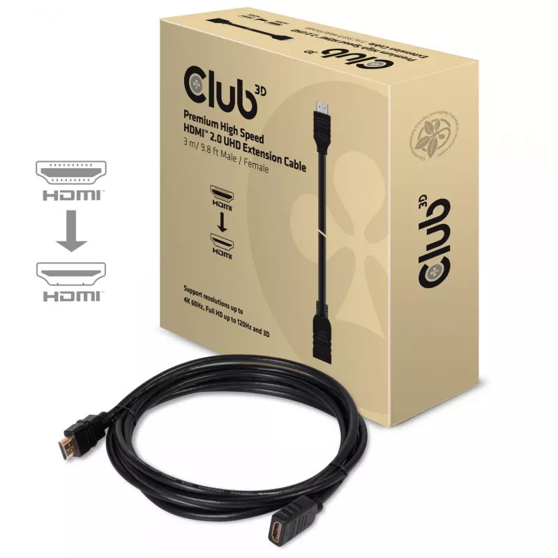 Club 3D CAC-1321 cabo de extensão High Speed HDMI 2.0, 4K60Hz, macho/fêmea, 3 m, preto