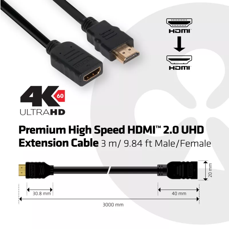 Club 3D CAC-1321 cabo de extensão High Speed HDMI 2.0, 4K60Hz, macho/fêmea, 3 m, preto