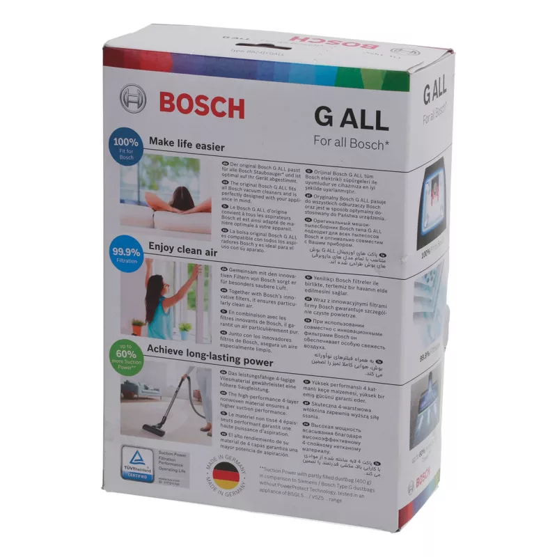 Acessório para aspirador Bosch BBZ 41FGALL — 4 sacos de pó e 1 filtro, peso 0,14 kg, embalagem compacta