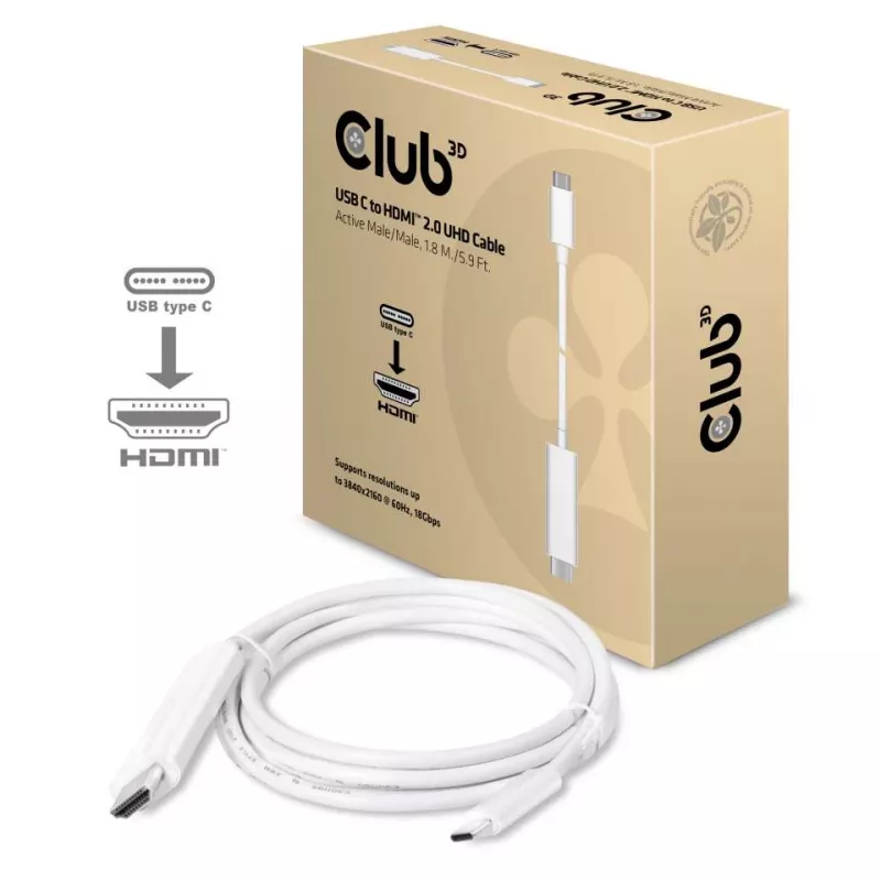 Cabo CLUB3D USB C para HDMI™ 2.0 UHD ativo 1,8 m / 5,9 pés