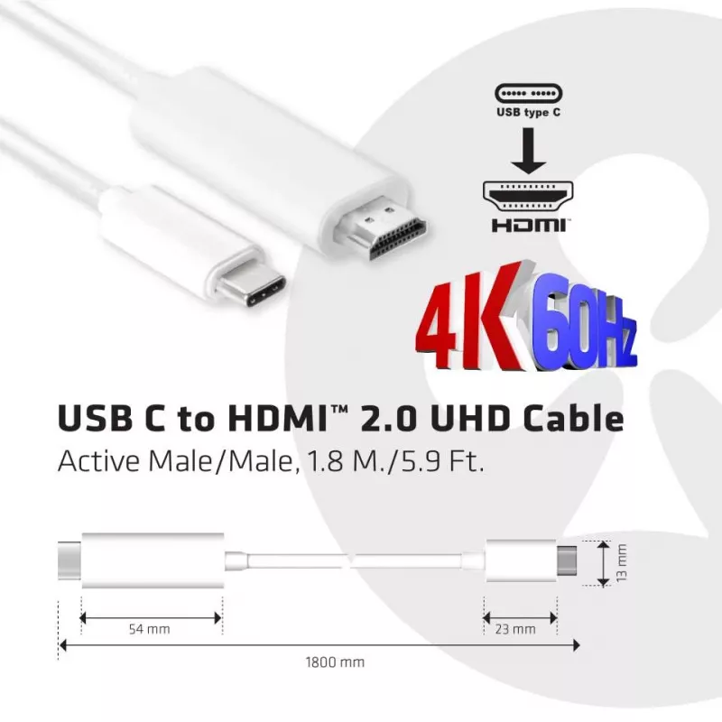 Cabo CLUB3D USB C para HDMI™ 2.0 UHD ativo 1,8 m / 5,9 pés