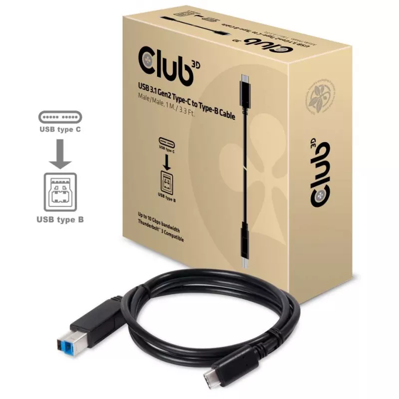 Cabo CLUB3D USB 3.1 Gen2 Type-C para Type-B macho/macho, 1 m / 3.3 pés
