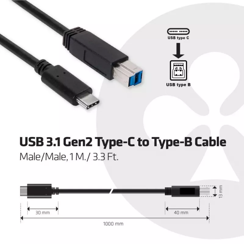 Cabo CLUB3D USB 3.1 Gen2 Type-C para Type-B macho/macho, 1 m / 3.3 pés