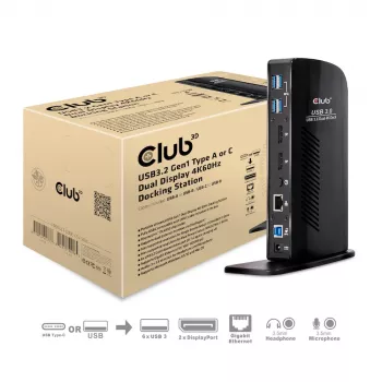 Estação de acoplamento CLUB3D USB3.2 Gen1 Type-A ou C ecrã duplo 4K60Hz certificada DisplayLink®