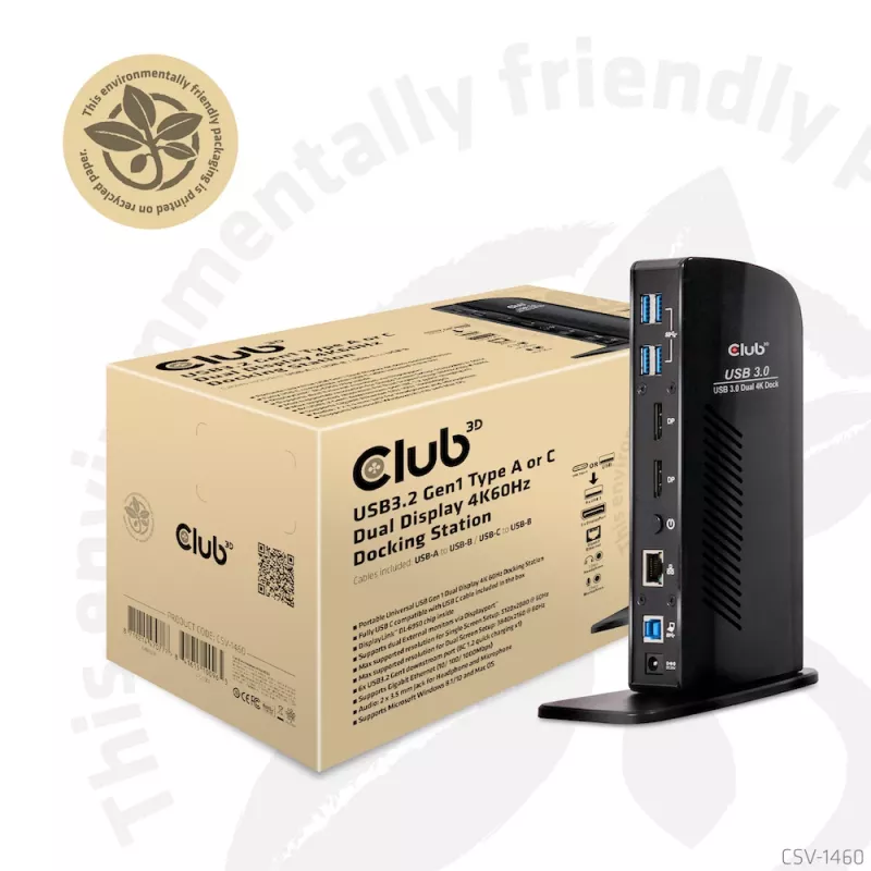 Estação de acoplamento CLUB3D USB3.2 Gen1 Type-A ou C ecrã duplo 4K60Hz certificada DisplayLink®