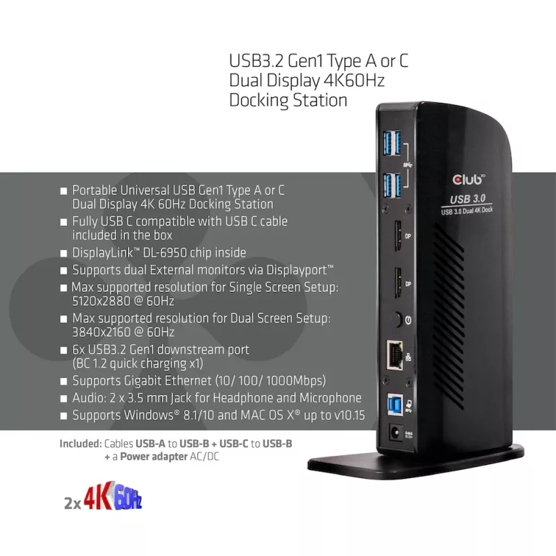 Estação de acoplamento CLUB3D USB3.2 Gen1 Type-A ou C ecrã duplo 4K60Hz certificada DisplayLink®