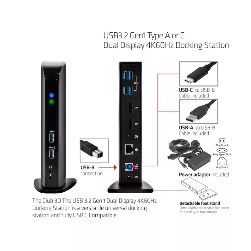 Estação de acoplamento CLUB3D USB3.2 Gen1 Type-A ou C ecrã duplo 4K60Hz certificada DisplayLink®