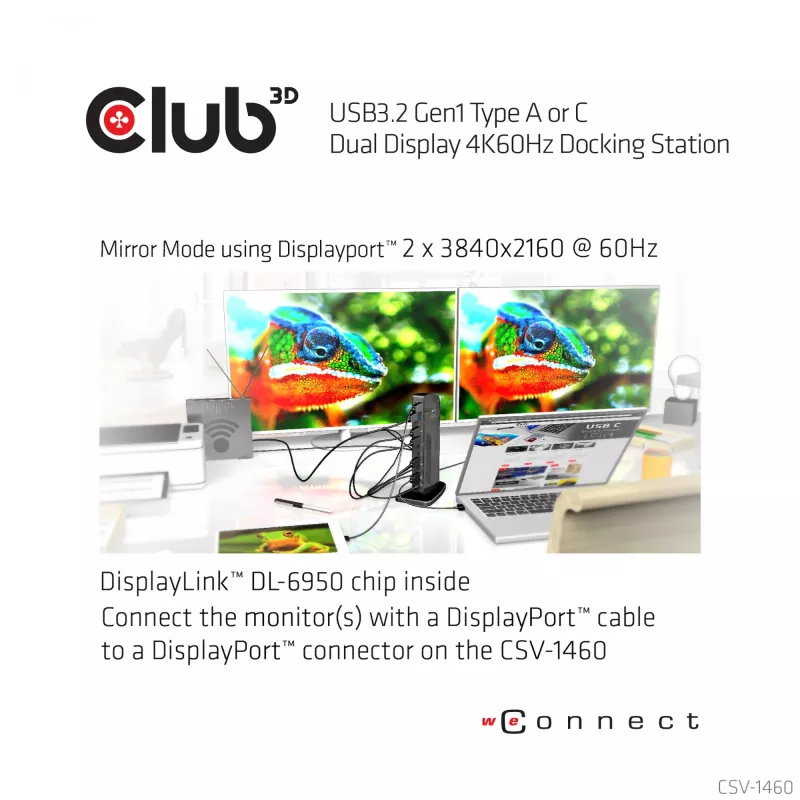 Estação de acoplamento CLUB3D USB3.2 Gen1 Type-A ou C ecrã duplo 4K60Hz certificada DisplayLink®