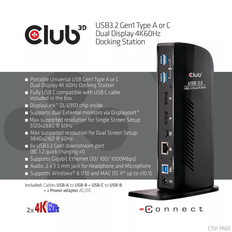 Estação de acoplamento CLUB3D USB3.2 Gen1 Type-A ou C ecrã duplo 4K60Hz certificada DisplayLink®