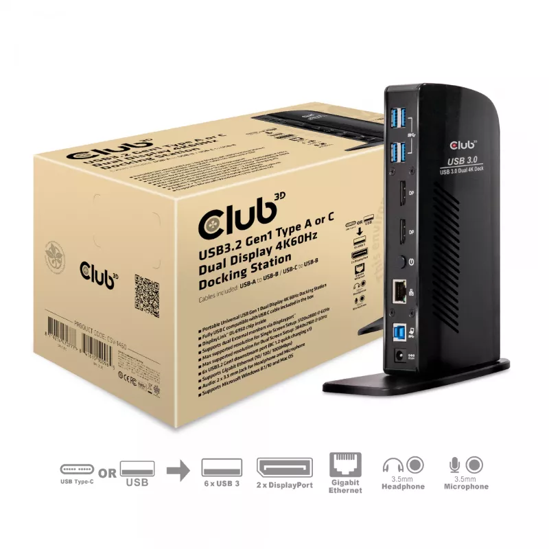 Estação de acoplamento CLUB3D USB3.2 Gen1 Type-A ou C ecrã duplo 4K60Hz certificada DisplayLink®