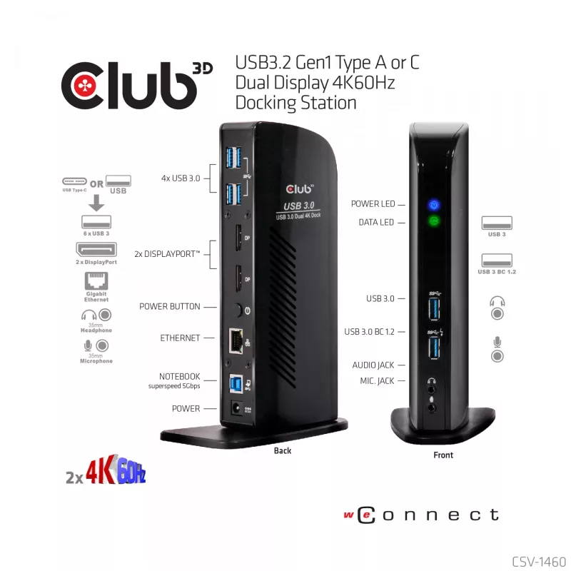 Estação de acoplamento CLUB3D USB3.2 Gen1 Type-A ou C ecrã duplo 4K60Hz certificada DisplayLink®
