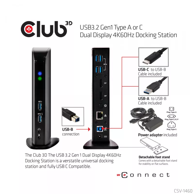 Estação de acoplamento CLUB3D USB3.2 Gen1 Type-A ou C ecrã duplo 4K60Hz certificada DisplayLink®