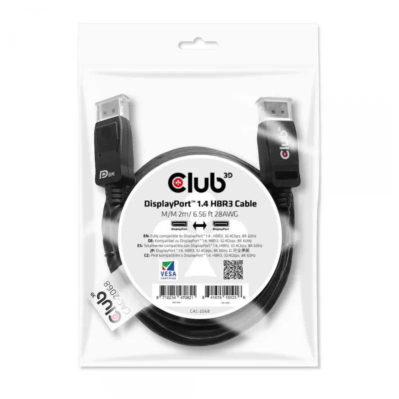 Club 3D CAC-2068 cabo DisplayPort 1.4, HBR3, 32,4 Gbps, 8K60Hz, M/M, 2 m, preto