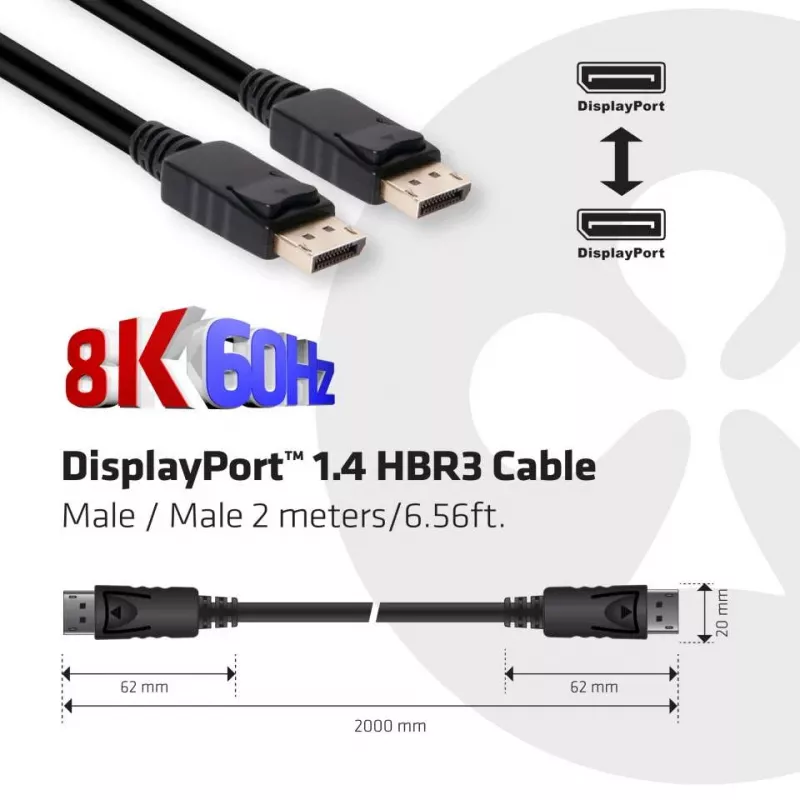 Club 3D CAC-2068 cabo DisplayPort 1.4, HBR3, 32,4 Gbps, 8K60Hz, M/M, 2 m, preto