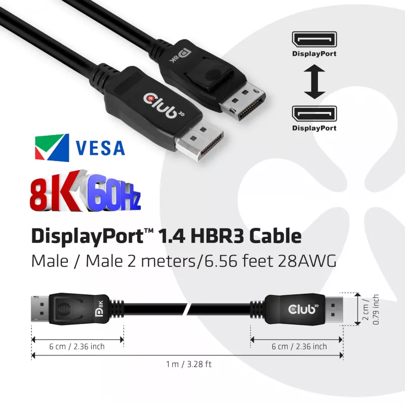 Club 3D CAC-2068 cabo DisplayPort 1.4, HBR3, 32,4 Gbps, 8K60Hz, M/M, 2 m, preto