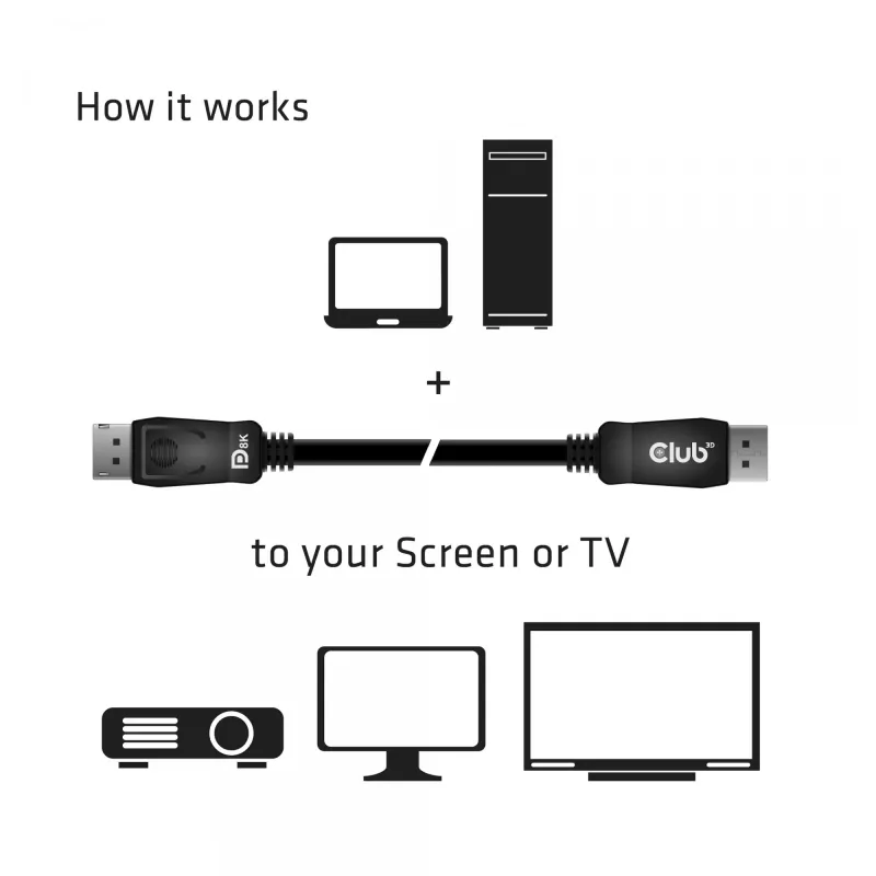 Club 3D CAC-2068 cabo DisplayPort 1.4, HBR3, 32,4 Gbps, 8K60Hz, M/M, 2 m, preto