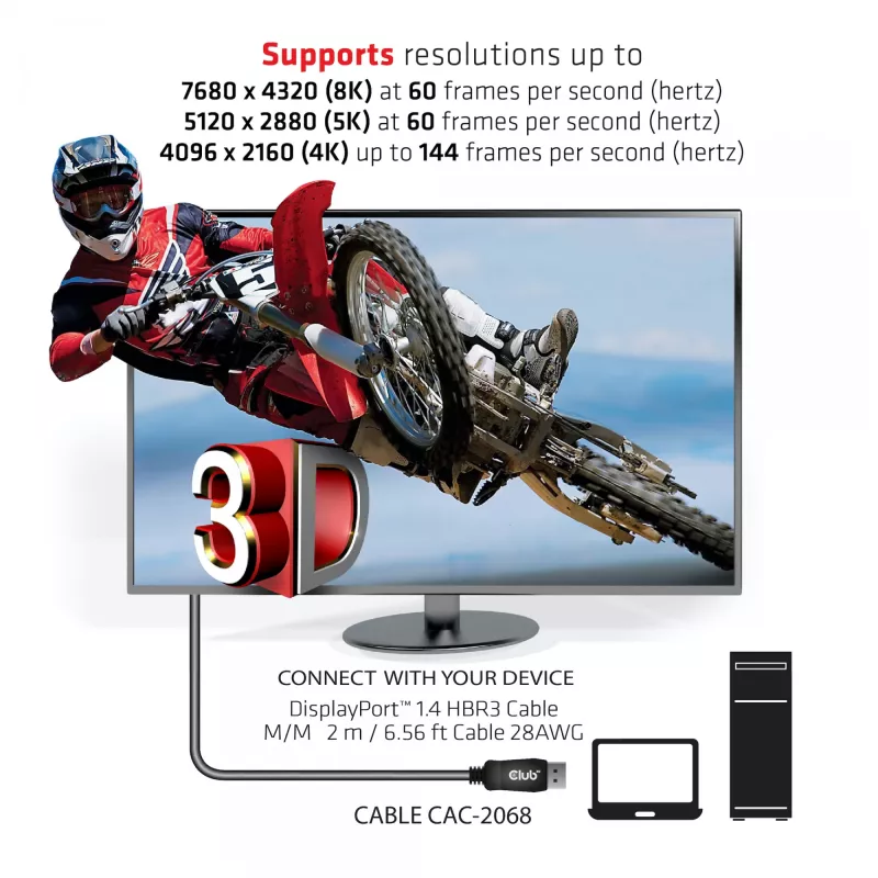 Club 3D CAC-2068 cabo DisplayPort 1.4, HBR3, 32,4 Gbps, 8K60Hz, M/M, 2 m, preto