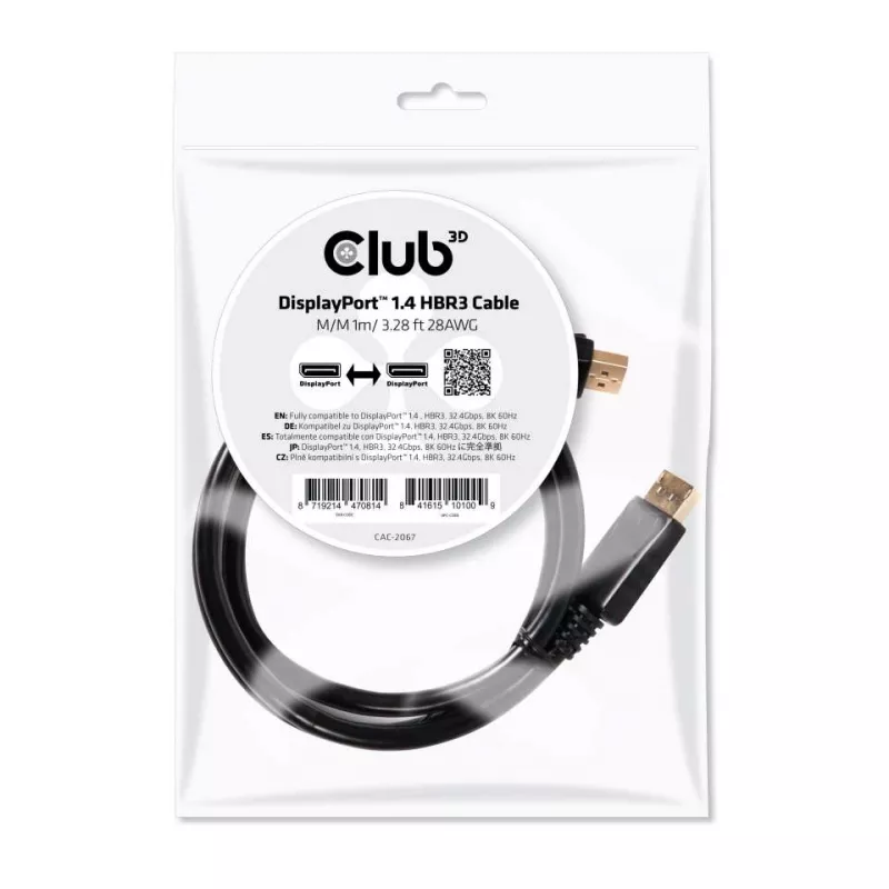 Cabo CLUB3D DisplayPort 1.4 HBR3 1m/3,28ft macho/macho 8K60Hz