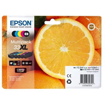 Tinta Epson Oranges multipack 5 cores 33XL Claria Premium, alto rendimento (XL), preto, preto fotográfico, ciano, magenta, amarelo, tinta pigmentada, tinta à base de corante, 12.2 ml, 8.9 ml