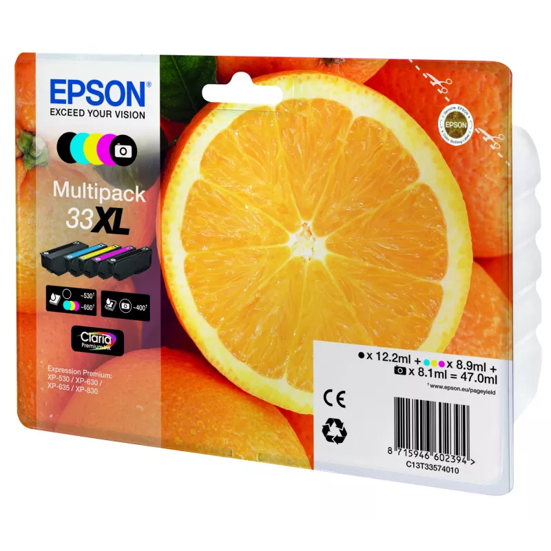 Tinta Epson Oranges multipack 5 cores 33XL Claria Premium, alto rendimento (XL), preto, preto fotográfico, ciano, magenta, amarelo, tinta pigmentada, tinta à base de corante, 12.2 ml, 8.9 ml