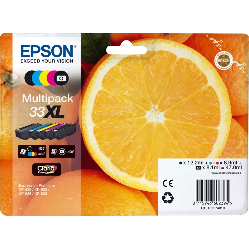 Tinta Epson Oranges multipack 5 cores 33XL Claria Premium, alto rendimento (XL), preto, preto fotográfico, ciano, magenta, amarelo, tinta pigmentada, tinta à base de corante, 12.2 ml, 8.9 ml