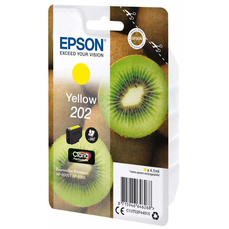 Tinta Epson Kiwi embalagem individual amarelo 202 Claria Premium Ink, rendimento padrão, amarelo, tinta pigmentada, 4,1 ml, 1 unid., 300 páginas