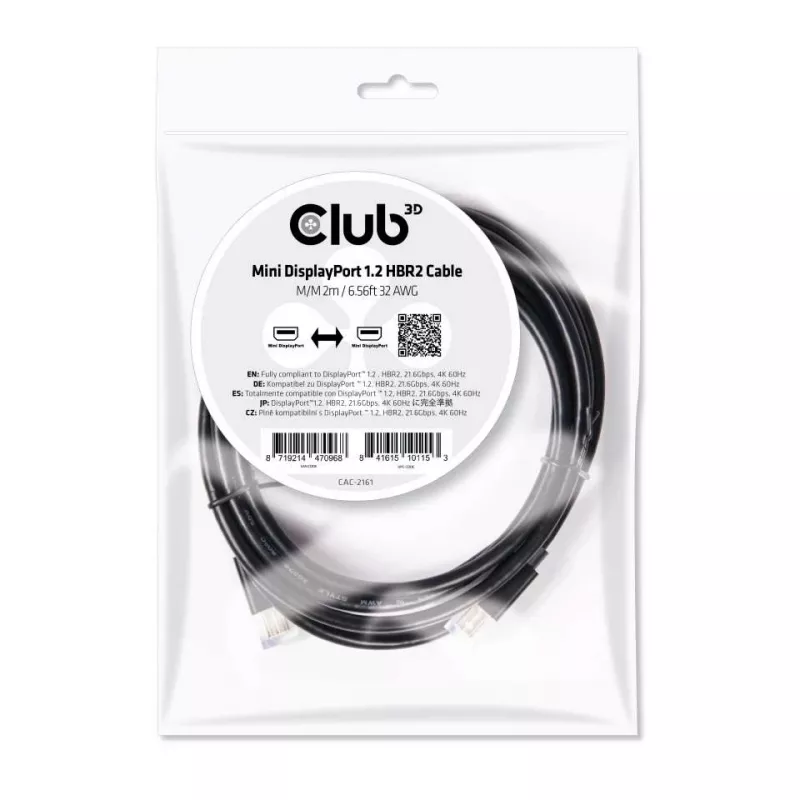 Club 3D CAC-2161 cabo Mini DisplayPort 1.2 HBR2, 4K, M/M, 2 m, preto