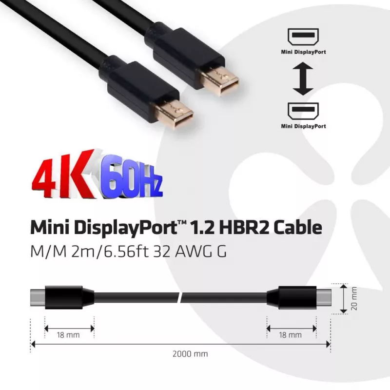 Club 3D CAC-2161 cabo Mini DisplayPort 1.2 HBR2, 4K, M/M, 2 m, preto